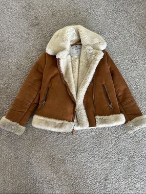 Abercrombie & Fitch Brown Suede Faux Shearling Jacket with Cream Trim